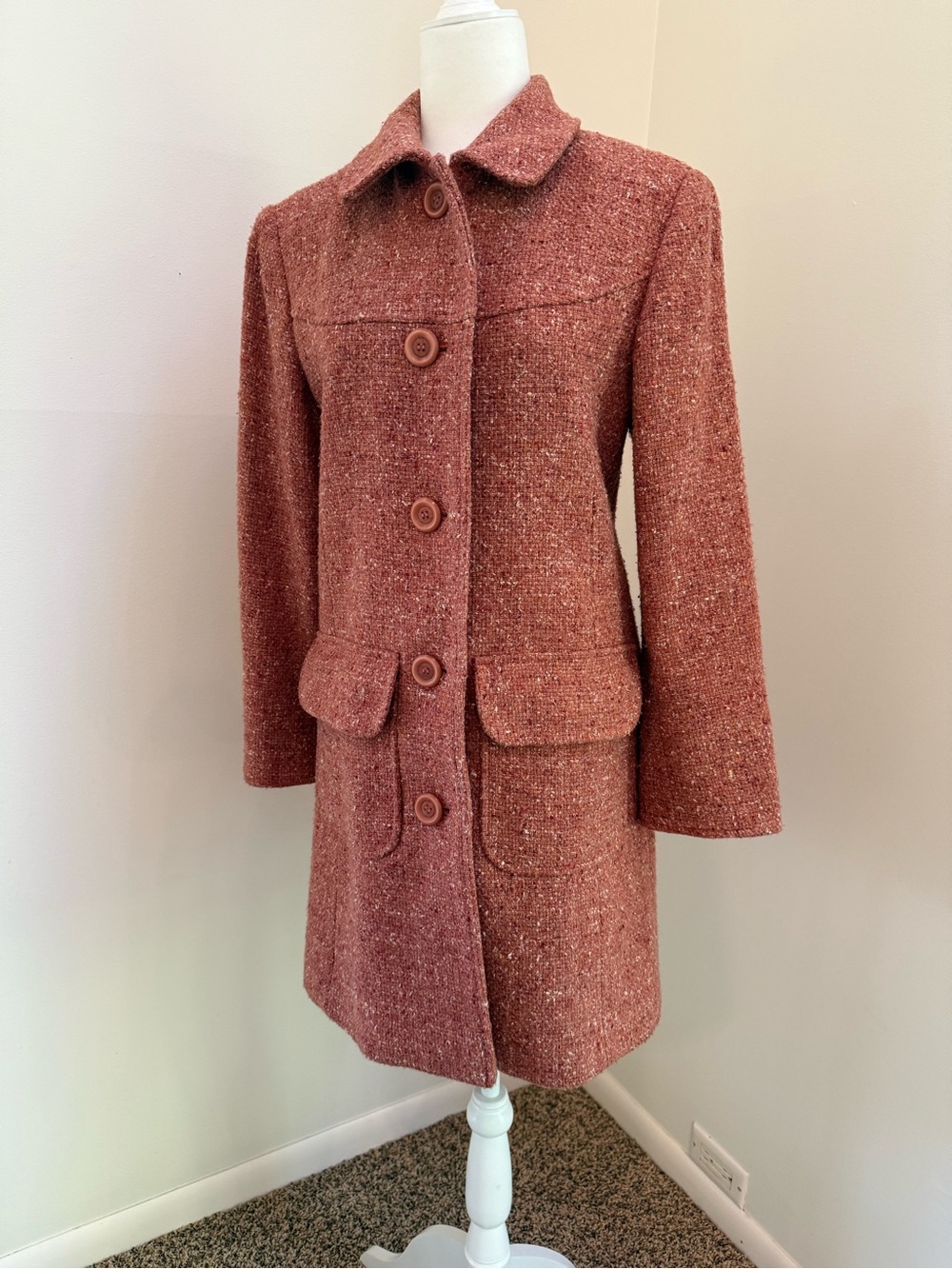 Textured Single-Breasted Pea Coat in Rust